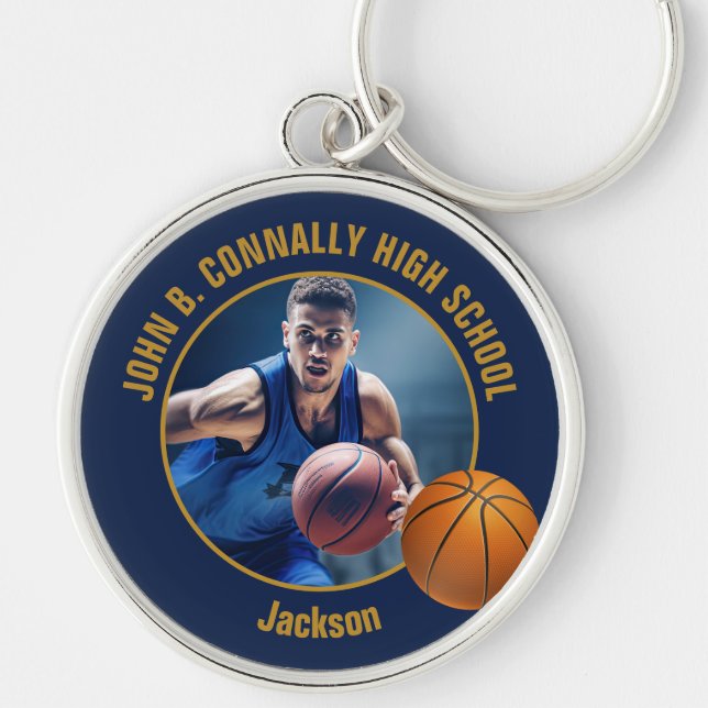 Navy Blue Gold Basketball Player Photo Schlüsselanhänger (Vorne)