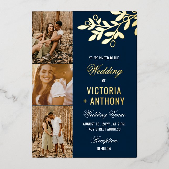 Navy Blue Gold Berry Twig 3 Fotos Hochzeit Folieneinladung (Vorderseite)