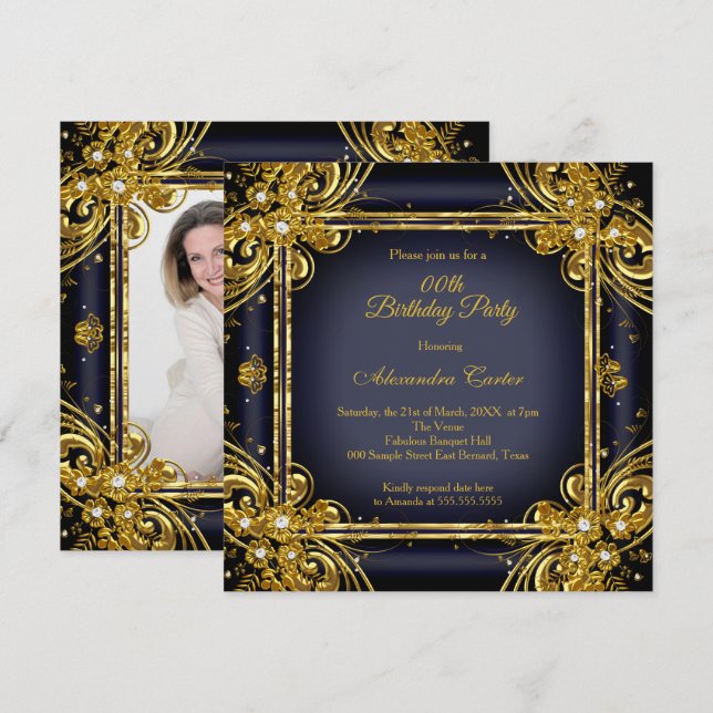 Navy Blue Gold Birthday Party Foto Diamond Einladung (Vorne/Hinten)