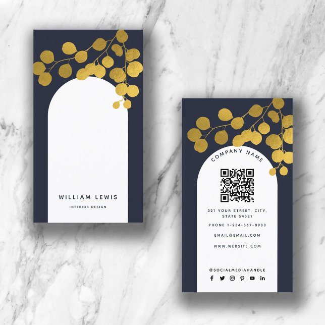 Navy Blue Gold Blätter Moderner arktischer QR-Code Visitenkarte (Von Creator hochgeladen)