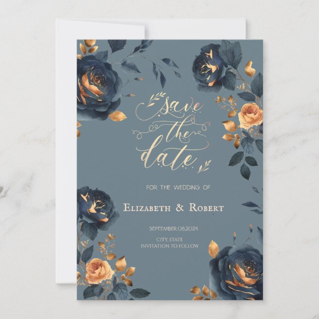Navy Blue Gold Blume Dusty Blue Save the Date (Vorderseite)