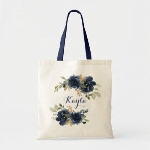 Navy Blue Gold Blumenblättergrün Tragetasche
