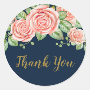 Navy Blue Gold Blush Floral Vielen Dank Runder Aufkleber