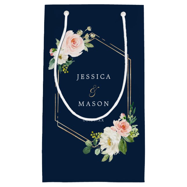 Navy Blue Gold Blush Hotel Hochzeitsgeschenktasche Kleine Geschenktüte (Vorderseite)