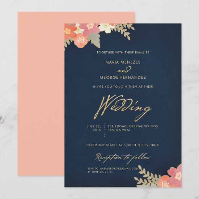 Navy Blue Gold Blush Pink Coral Peach Wedding Invi Einladung (Vorne/Hinten)
