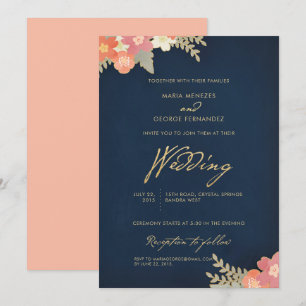 Navy Blue Gold Blush Pink Coral Peach Wedding Invi Einladung
