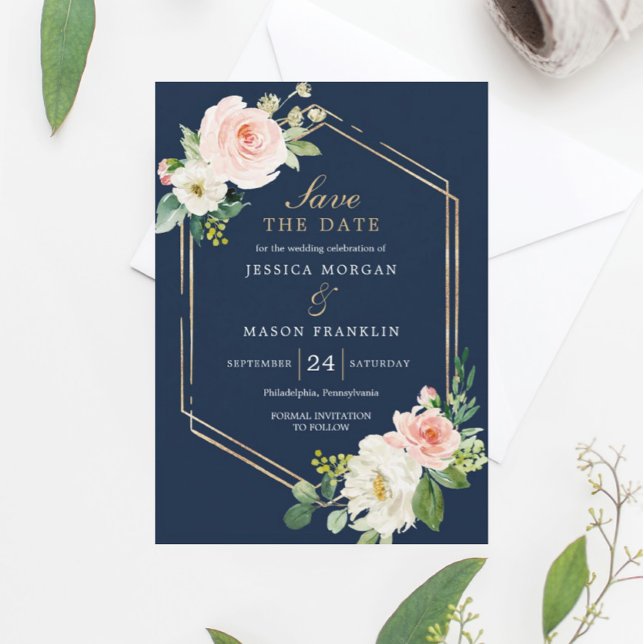 Navy Blue Gold Blush Wedding Save The Date Card Einladung (Von Creator hochgeladen)