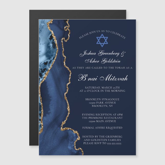 Navy Blue Gold B'nai Mitzvah Elegantes Party Magneteinladung (Vorne/Hinten)