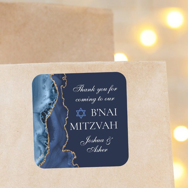 Navy Blue Gold B'nai Mitzvah Elegantes Party Quadratischer Aufkleber (Von Creator hochgeladen)