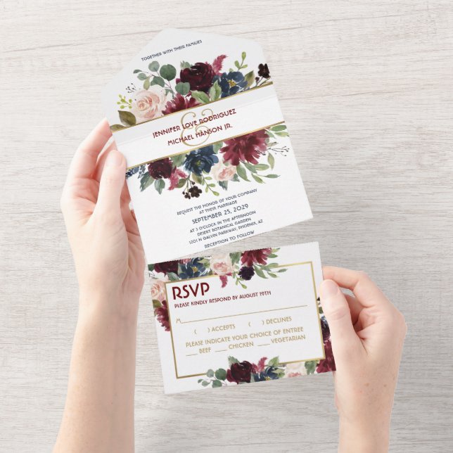 Navy Blue Gold Boho UAWG All in One Wedite Einladu All In One Einladung (Abreißen)