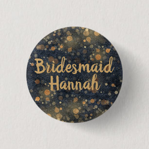 Navy Blue Gold Bokeh Script Bridesmaid Button