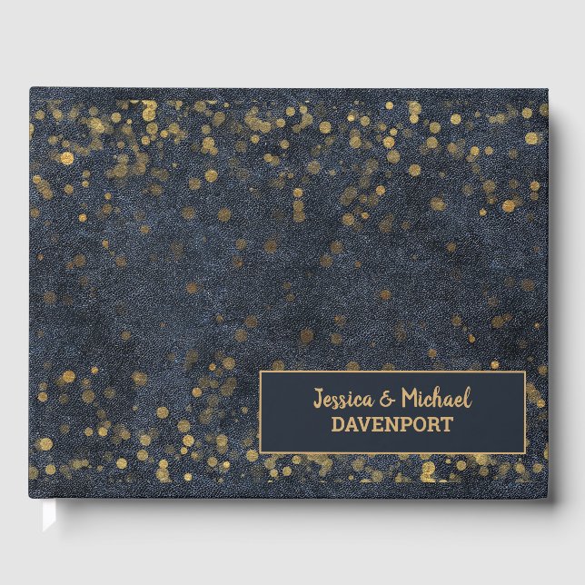 Navy Blue Gold Bokeh Wedding Gästebuch (Vorderseite)