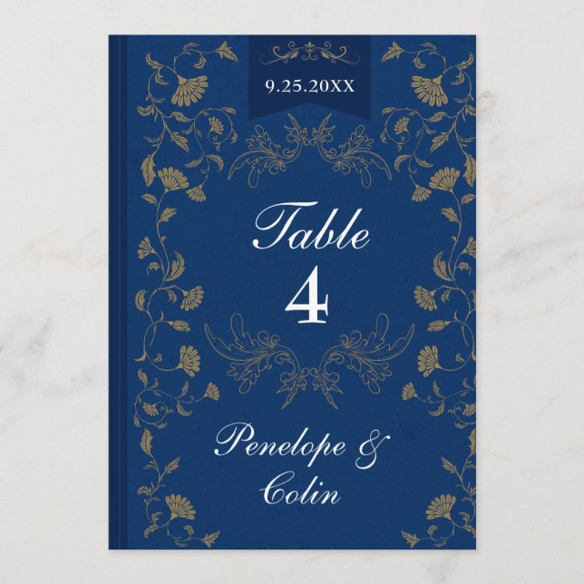 Navy Blue Gold Book Cover Wedding Table Number  Einladung (Vorderseite)