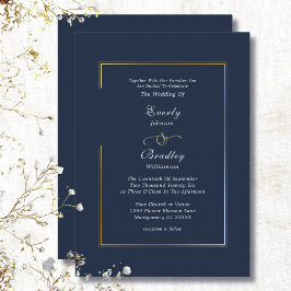 Navy Blue Gold Border Minimal Elegant Wedding Einladung