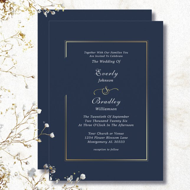 Navy Blue Gold Border Minimal Elegant Wedding Einladung (Von Creator hochgeladen)