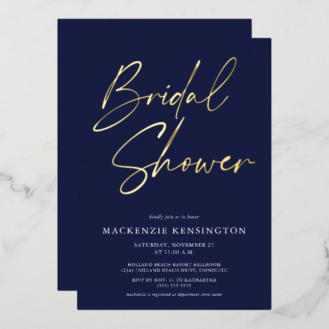 Navy Blue Gold Brautparty Folieneinladung (Vorderseite/Rückseite)