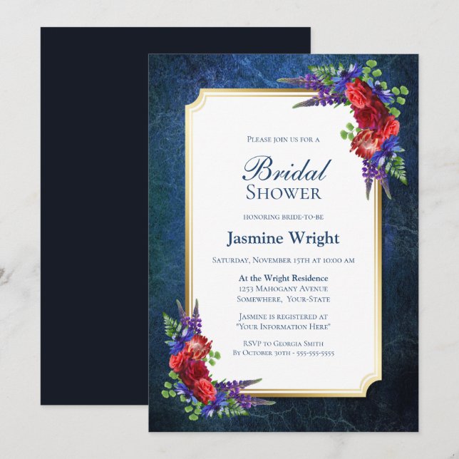 Navy Blue Gold Burgundy Rose Brautparty Einladung (Vorne/Hinten)