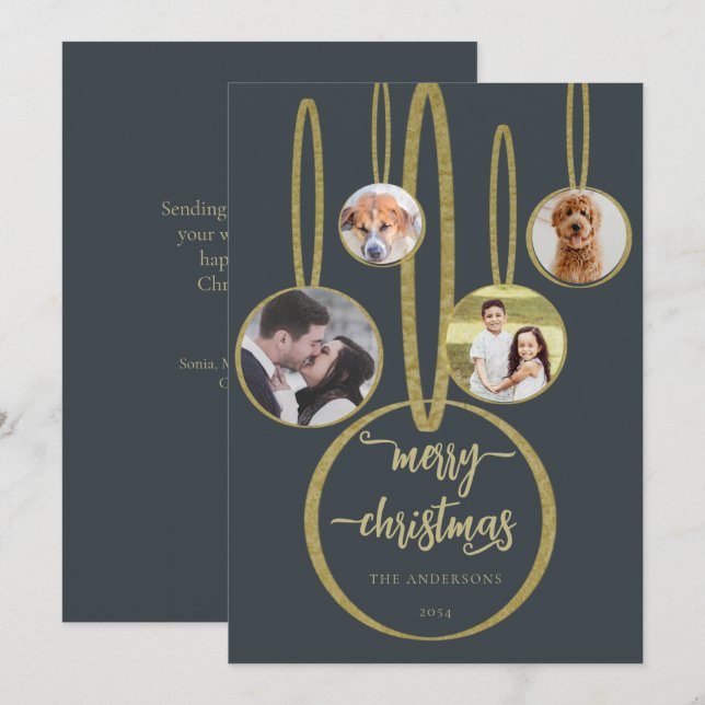 Navy Blue Gold Calligraphy Family Foto Weihnachten (Vorne/Hinten)