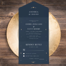 Navy Blue Gold Celestial Moon Cycle Mystic Wedding All In One Einladung