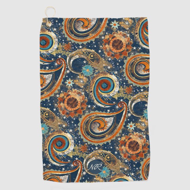 Navy Blue Gold Celestial Paisley Muster Monogram Golfhandtuch (Vorderseite)
