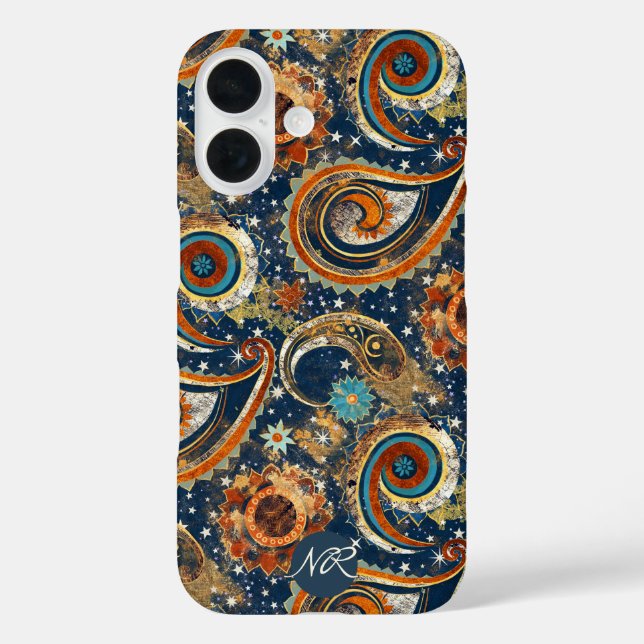 Navy Blue Gold Celestial Paisley Muster Monogram iPhone 16 Hülle (Rückseite)