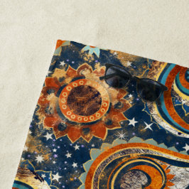Navy Blue Gold Celestial Paisley Muster Monogram Strandtuch