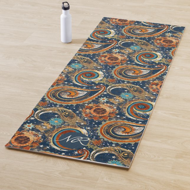 Navy Blue Gold Celestial Paisley Muster Monogram Yogamatte (Beispiel)