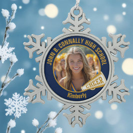 Navy Blue Gold Cheerleader Photo Schneeflocken Zinn-Ornament