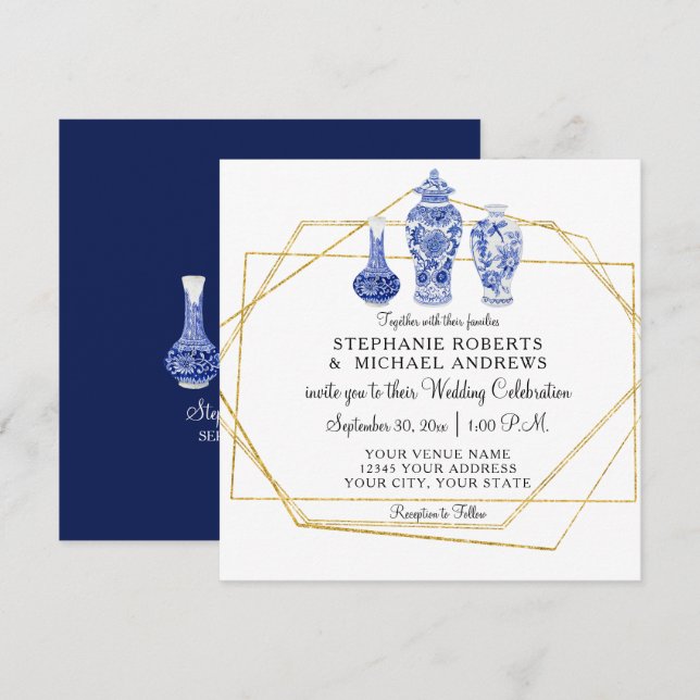Navy Blue Gold Chinoiserie Chinesische Vintage Ker Einladung (Vorne/Hinten)