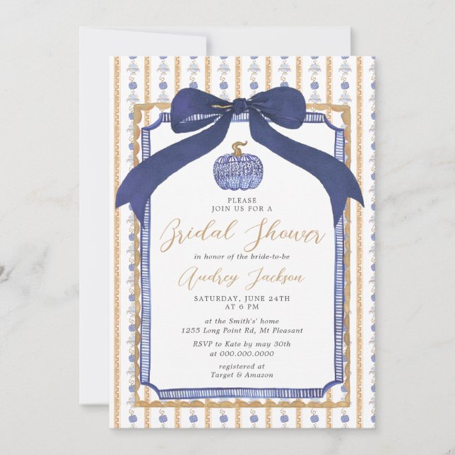 Navy Blue & Gold Chinoiserie Pumpkin Bridal Shower Einladung (Vorderseite)