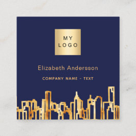 Navy Blue Gold City Skyline Modernes QL-Logo Quadratische Visitenkarte
