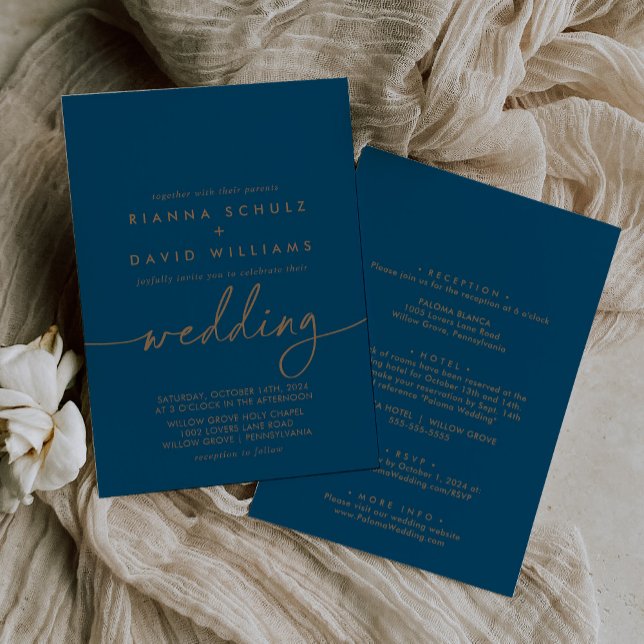 Navy Blue Gold Classic Front & Back Wedding Einladung (Von Creator hochgeladen)