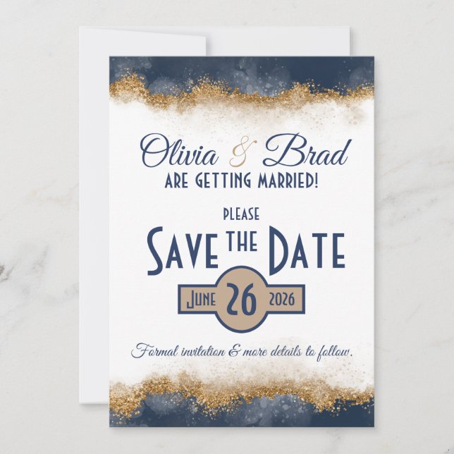 Navy Blue & Gold Classic Save The Date (Vorderseite)