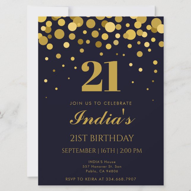 Navy Blue & Gold Confetti 21. Geburtstag Party Einladung (Vorderseite)