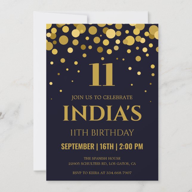 Navy Blue & Gold Confetti Einladung zum 11. Geburt (Vorderseite)