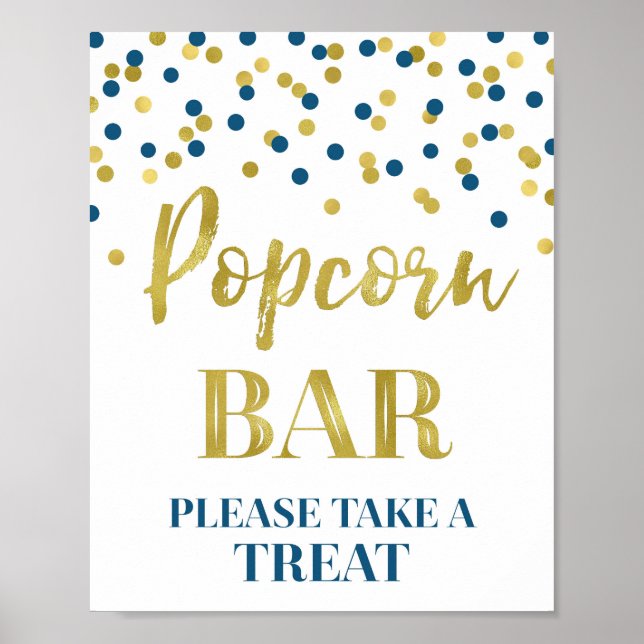 Navy Blue Gold Confetti Popcorn Bar Sign Poster (Vorne)