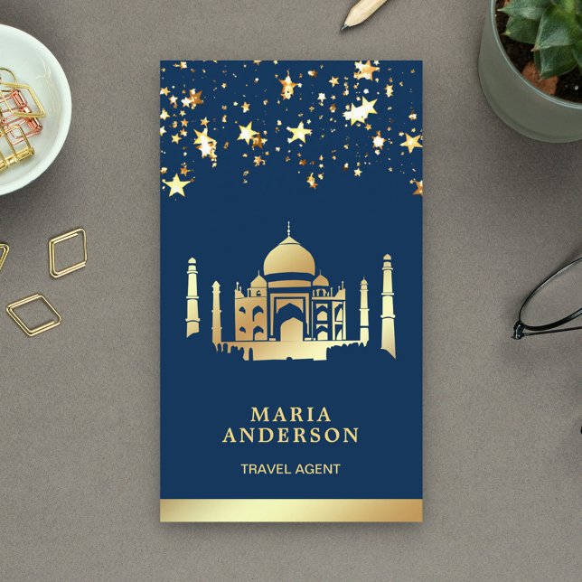 Navy Blue Gold Confetti Taj Mahal Travel Agent Visitenkarte (Von Creator hochgeladen)