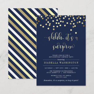 Navy Blue & Gold Confetti Überraschung Geburtstags Einladung