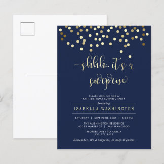 Navy Blue & Gold Confetti Überraschung Geburtstags Einladungspostkarte