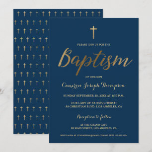 Navy Blue Gold Cross Custom Baby Baptisse Einladung
