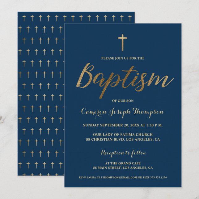 Navy Blue Gold Cross Custom Baby Boy Taufe Einladung (Vorne/Hinten)