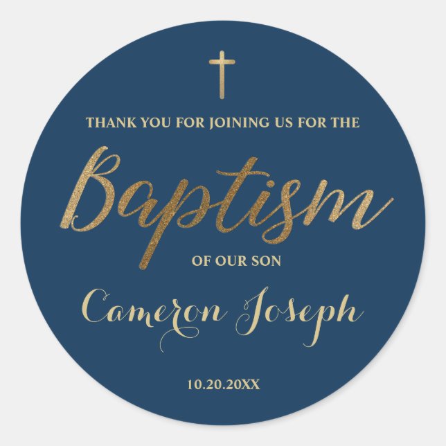 Navy Blue Gold Cross Custom Baby Boy Taufe Runder Aufkleber (Vorderseite)