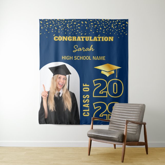 Navy Blue Gold Custom Abschluss Background & Foto Wandteppich (Beispiel)