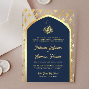 Navy Blue Gold Diamonds Arch Muslim Wedding Acryleinladungen