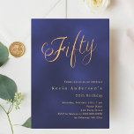 Navy Blue Gold Drehbuch 50. Geburtstag Einladung<br><div class="desc">Eine moderne,  stilvolle Einladung zu einer 50. Geburtstagsfeier. Ein marineblau,  uneinheitlich farbiger Hintergrund und das Wort Fifty mit eleganten großen Schriftzeichen in Imitat Gold geschrieben. Personalisieren und fügen Sie einen Namen und Party-Details hinzu.</div>