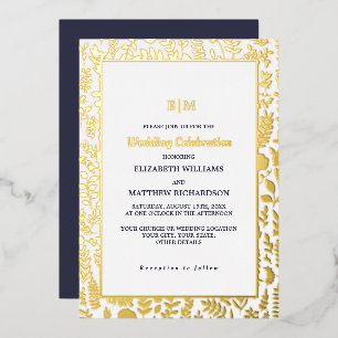 Navy Blue Gold Elegant Luxury Wedding Folieneinladung