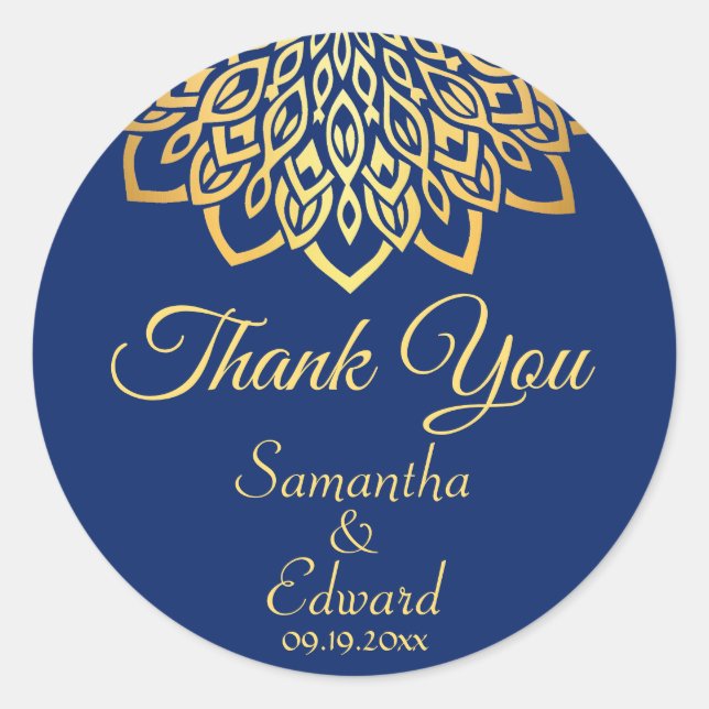 Navy Blue Gold Elegant Mandala Wedding Runder Aufkleber (Vorderseite)