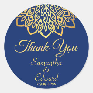Navy Blue Gold Elegant Mandala Wedding Runder Aufkleber