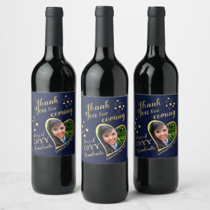 Navy Blue Gold Elegant Thank You 2023 Graduation Weinetikett