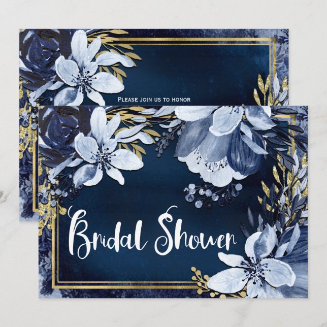 Navy Blue & Gold Elegante Moderne Wasserfarben Einladung (Vorne/Hinten)